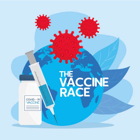 the race between country, for developing coronavirus covid19 vaccine, world planet with syringe and vial vector illustration designのイラスト素材