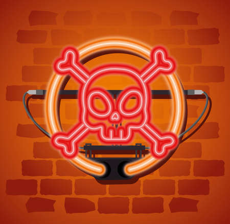 party halloween neon sign and skull with bones vector illustration designのイラスト素材