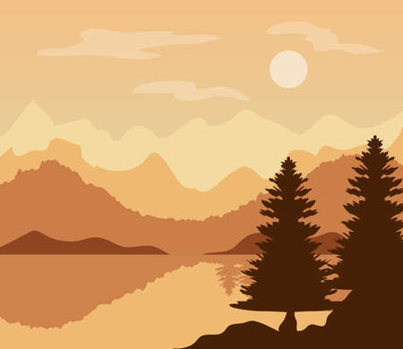 landscape in sunset moment with pine trees and lake vector illustration designのイラスト素材