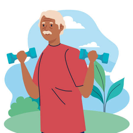 senior man afro, practicing sport with dumbbells in the outdoor vector illustration designのイラスト素材