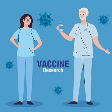 medical vaccine research, couple doctors with vial in development coronavirus covid19 vaccine vector illustration designのイラスト素材