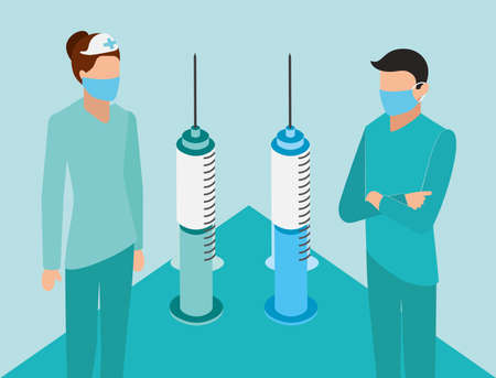 professional doctors using face masks with vaccines vector illustration designのイラスト素材