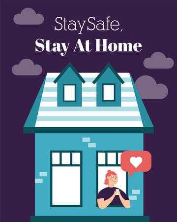 quarantined woman leaning out of the building windows and lettering vector illustration designのイラスト素材