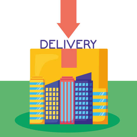 logistic delivery service with cityscape and box vector illustration designのイラスト素材