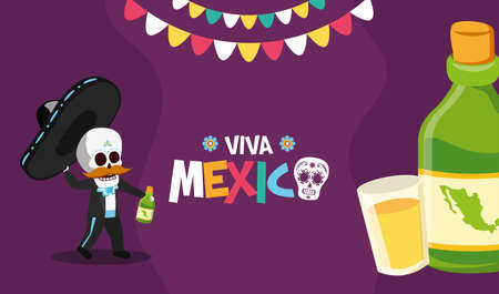 skeleton with bottle and shot tequila celebration viva mexico vector illustrationのイラスト素材