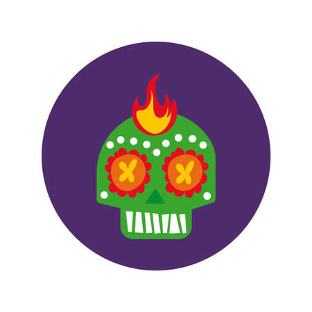 mexican skull mask with flame culture block and flat style icon vector illustration designのイラスト素材