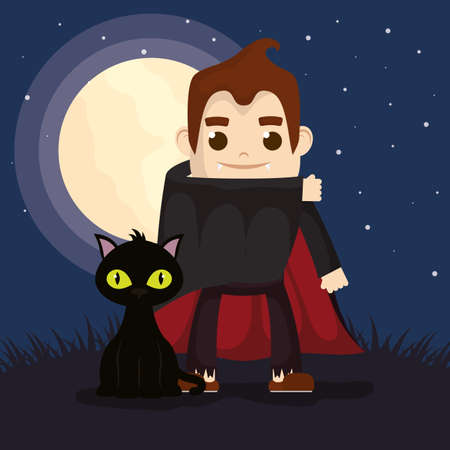 boy dracula and cat costume for halloween party vector illustrationのイラスト素材