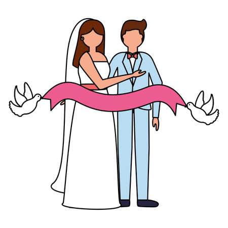 bride and groom pigeons with ribbon wedding day vector illustrationのイラスト素材