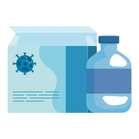 Covid 19 virus on medicine box and jar design of 2019 ncov coronavirus infection and corona theme Vector illustrationのイラスト素材