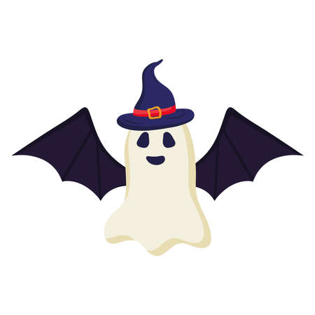 halloween ghost cartoon with witch hat and bat wings design, happy holiday and scary theme Vector illustrationのイラスト素材