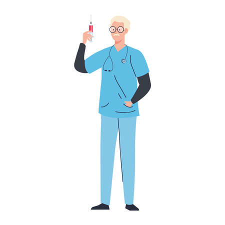 medical doctor man with vaccine injection design of care health and emergency theme Vector illustrationのイラスト素材
