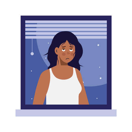 woman cartoon with insomnia in window design, sleep and night theme Vector illustrationのイラスト素材