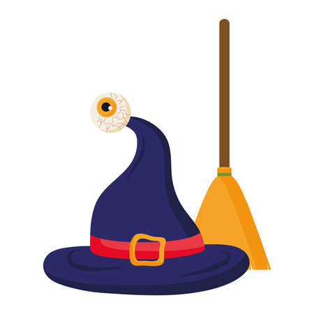 halloween witch hat with eye and broom design, happy holiday and scary theme Vector illustrationのイラスト素材