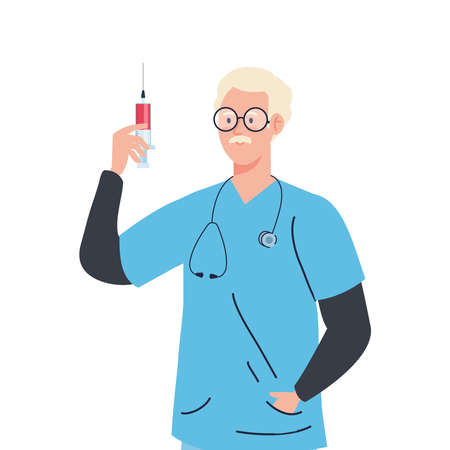 medical doctor man with vaccine injection design of care health and emergency theme Vector illustrationのイラスト素材