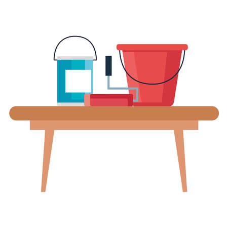 construction buckets and paint roll on shelf design of working maintenance workshop and repairing theme Vector illustrationのイラスト素材