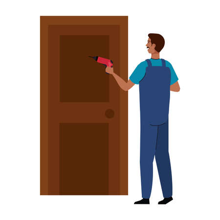 man cartoon with construction drill and door design of working maintenance workshop and repairing theme Vector illustrationのイラスト素材