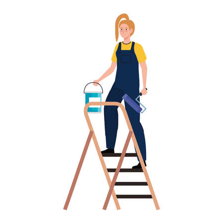 woman cartoon with construction paint bucket and roll on ladder design of working maintenance workshop and repairing theme Vector illustrationのイラスト素材