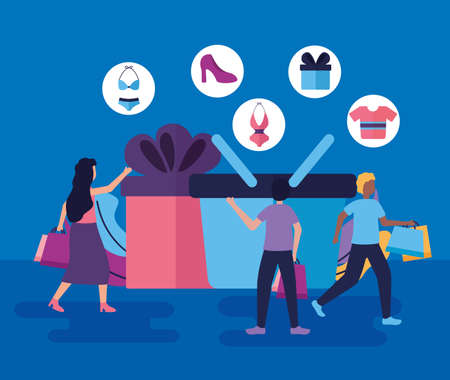 gift boxe basket girl and boys shopping vector illustrationのイラスト素材