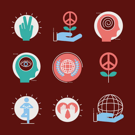 bundle of nine peace set line and fill style icons vector illustration designのイラスト素材