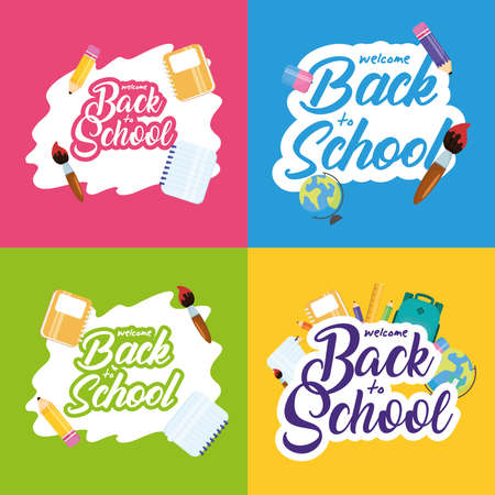 back to school poster with set letterings and supplies vector illustration designのイラスト素材