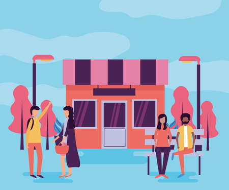 man and woman bench and couple street store activities outdoors vector illustrationのイラスト素材