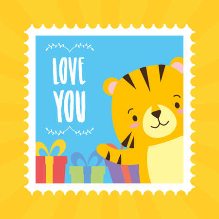 cute tiger animal mail stamp vector illustrationのイラスト素材