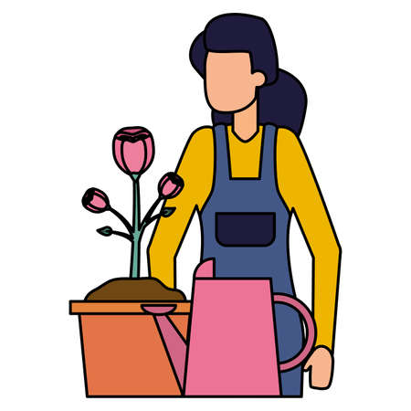 gardener woman watering can flower in pot gardening vector illustrationのイラスト素材