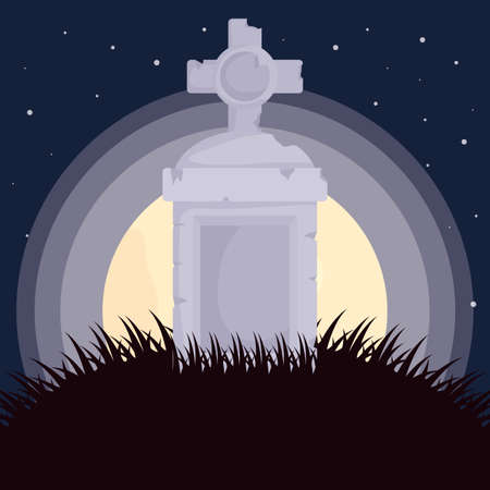 cemetery gravestone cross moon trick or treat - happy halloween party vector illustrationのイラスト素材