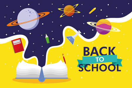 back to school season poster with text book and space icons vector illustration designのイラスト素材