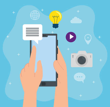 social media icons, with hand using smartphone vector illustration designのイラスト素材