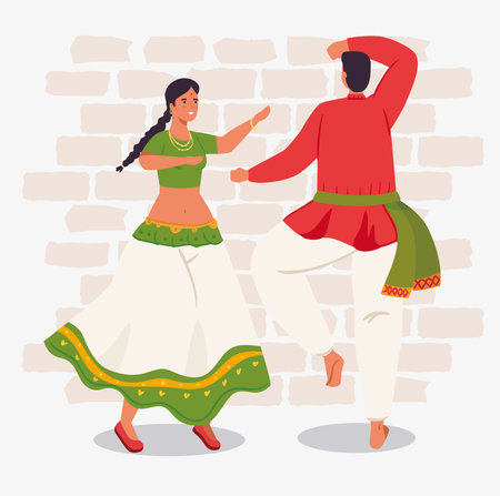man and woman indian with clothes traditional dancing vector illustration designのイラスト素材