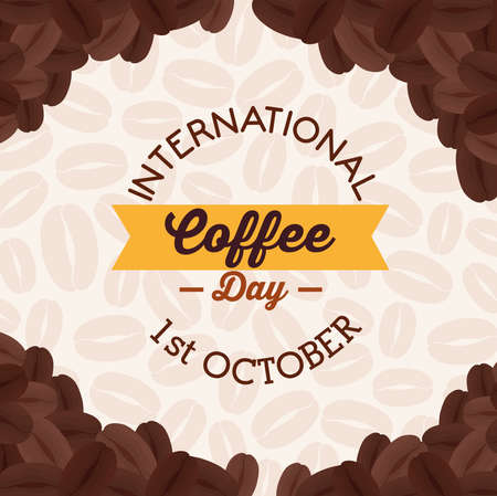international coffee day poster, 1 october, with frame decoration of grains vector illustration designのイラスト素材