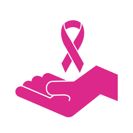hand lifting pink ribbon breast cancer silhouette style icon vector illustration designのイラスト素材