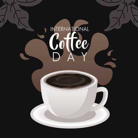 international coffee day celebration with cup hot and leaves vector illustration designのイラスト素材
