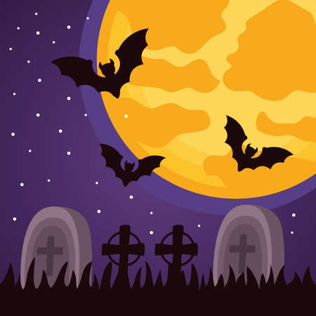 happy halloween celebration with cemetery and bats flying night scene vector illustration designのイラスト素材