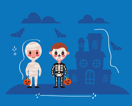 little kids with halloween costumes characters and haunted house vector illustration designのイラスト素材