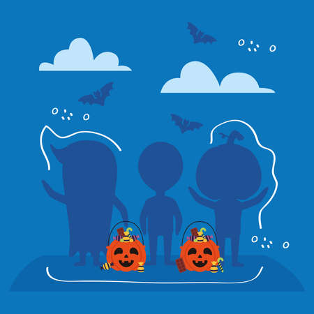 silhouette of little kids with halloween costumes characters and pumpkins vector illustration designのイラスト素材