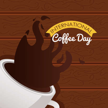international coffee day celebration with cup and splash in wooden background vector illustration designのイラスト素材