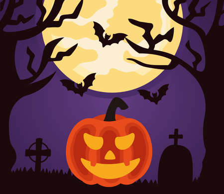 happy halloween celebration with pumpkin and bats flying in cemetery vector illustration designのイラスト素材