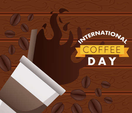 international coffee day celebration with plastic container and splash in wooden background vector illustration designのイラスト素材