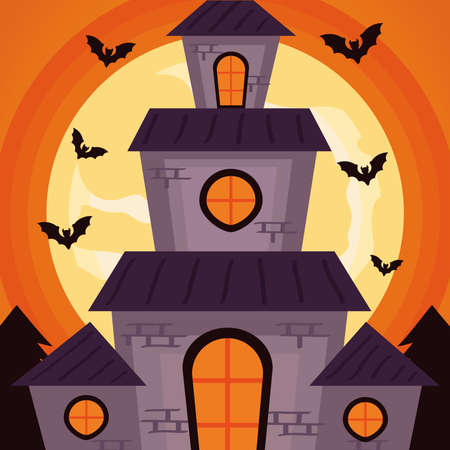 happy halloween celebration with haunted castle and bats flying at night scene vector illustration designのイラスト素材