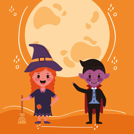 little kids couple with halloween costumes characters and moon vector illustration designのイラスト素材