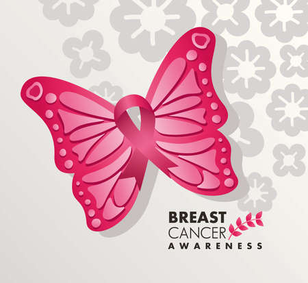 breast cancer campaign lettering with butterfly and ribbon vector illustration designのイラスト素材