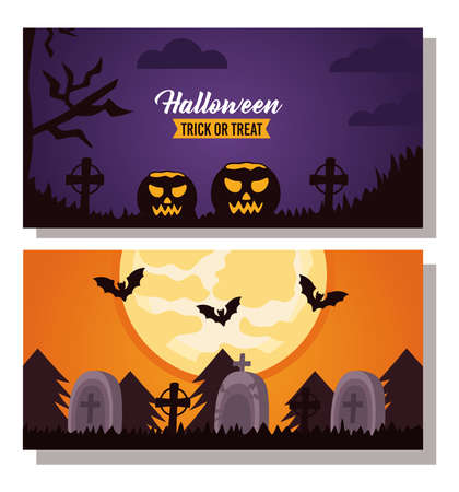 happy halloween celebration lettering with pumpkins and cemetery scenes vector illustration designのイラスト素材
