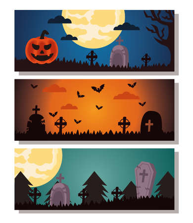 happy halloween celebration with cemetery group scenes vector illustration designのイラスト素材