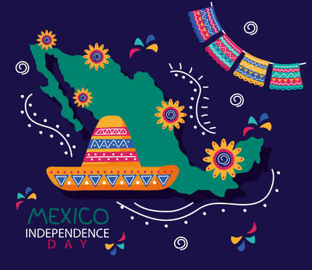 mexico independence day celebration lettering with mariachi hat and map vector illustration designのイラスト素材