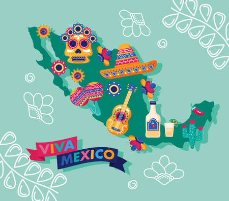 viva mexico celebration day lettering with mexican map and set icons vector illustration designのイラスト素材