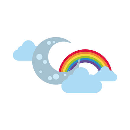 cute rainbow with clouds and crescent moon flat style icon vector illustration designのイラスト素材