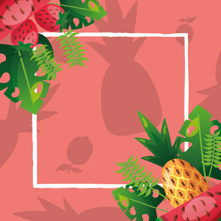 Pineapple watermelon strawberry and leaves with frame design, Summer vacation and tropical theme Vector illustrationのイラスト素材