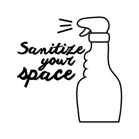 sanitize your space campaign lettering with spray bottle line style vector illustration designのイラスト素材
